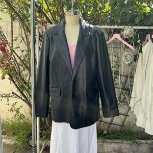 Good American Black Leather Blazer with Subtle Pink Lining